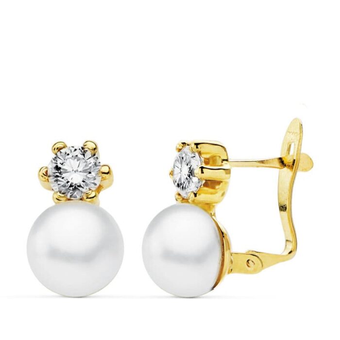 18K PENDIENTES PERLA ORO AMARILLO 7 MM Y GARRA CIRCONITA 4 MM CIERRE CATALAN