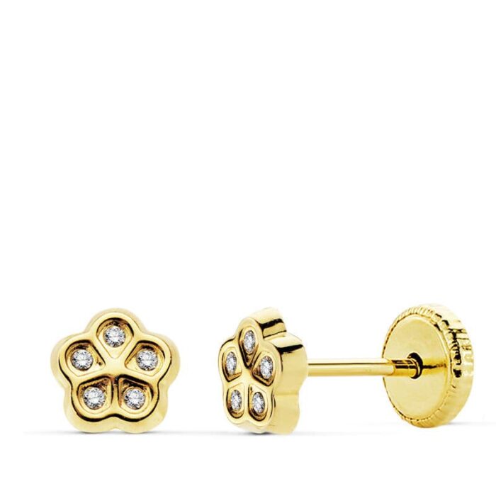 18K PENDIENTES ORO AMARILLO FLOR CIRCONITA 5.5 MM CIERRE TUERCA