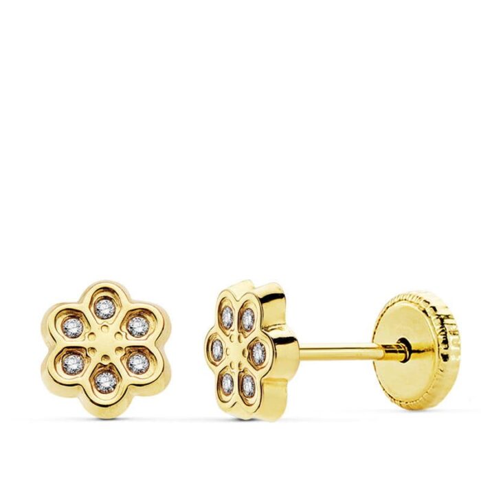 18K PENDIENTES ORO AMARILLO FLOR CIRCONITA 6.5 MM CIERRE TUERCA