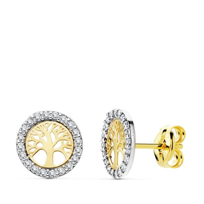 18K PENDIENTES ARBOL DE LA VIDA ORO BICOLOR 8 MM CIERRE PRESION