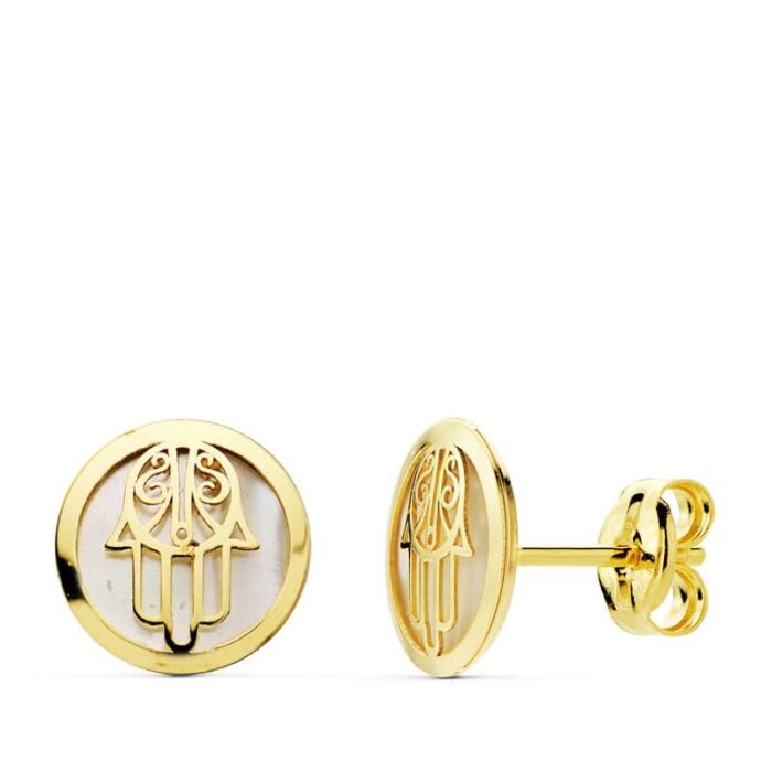 18K PENDIENTES MANO DE FATIMA ORO AMARILLO 8 MM CIERRE PRESION