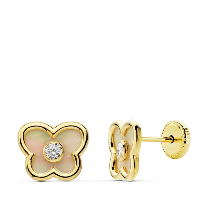 18K PENDIENTES ORO AMARILLO MARIPOSA CON NACAR 8X7 MM. CIERRE TUERCA