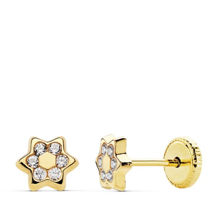 18K PENDIENTES ORO AMARILLO ESTRELLA 5 MM CIRCONITA CIERRE TUERCA