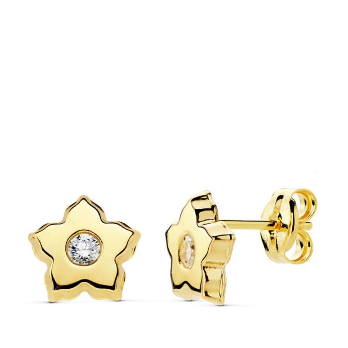 18K PENDIENTES ORO AMARILLO FLOR CIRCONITA 7 MM CIERRE PRESION