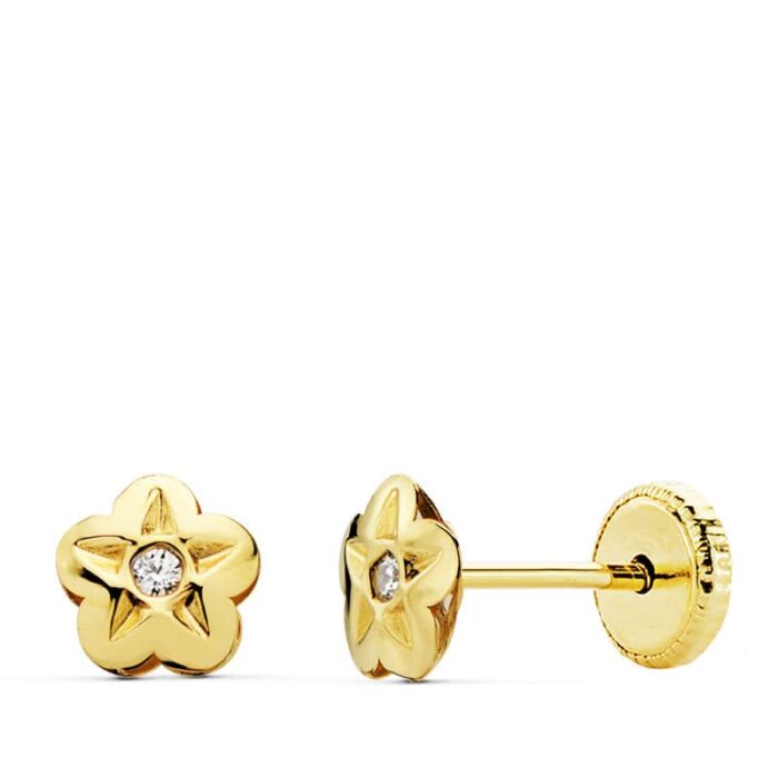18K PENDIENTES ORO AMARILLO FLOR CIRCONITA 5X5 MM CIERRE TUERCA