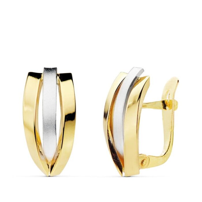 18K PENDIENTES ORO BICOLOR BANDAS 16X7 MM CIERRE  CATALAN
