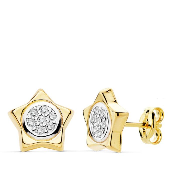 18K PENDIENTES ORO BICOLOR ESTRELLA 9X9 MM CIERRE PRESION