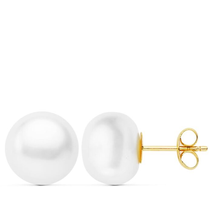 18K PENDIENTES PERLA BOTON ORO AMARILLO 10-10.5 MM CIERRE PRESION