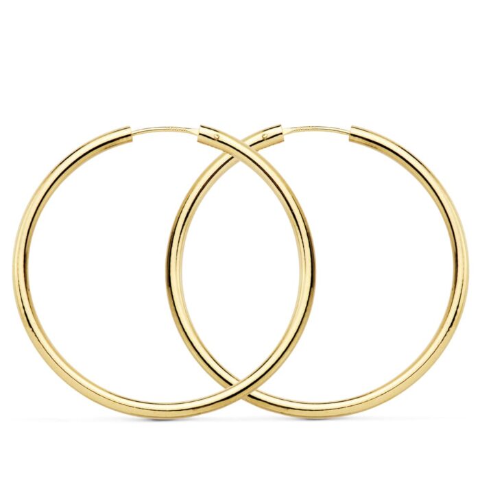 18K PENDIENTES AROS REDONDOS LISOS LIGEROS ORO AMARILLO 35X2 MM