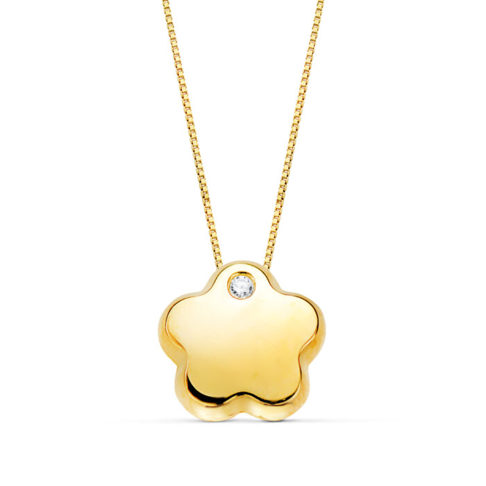 18K COLGANTE FLOR CIRCONITA ORO AMARILLO CADENA 42CM