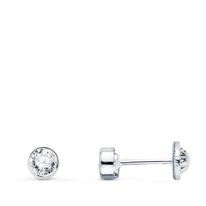 18K PENDIENTES ORO BLANCO REDONDOS BOCEL CON CIRCONITA 4 MM CIERRE TUERCA