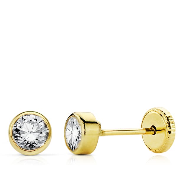 18K PENDIENTES ORO AMARILLO CIRCONITA REDONDOS  4 MM TUERCA