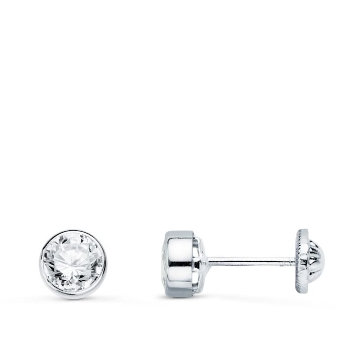 18K PENDIENTES CIRCONITA REDONDOS 7 MM ORO BLANCO CIERRE TUERCA
