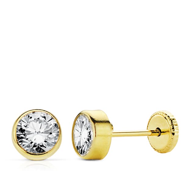 18K PENDIENTES ORO AMARILLO CIRCONITA REDONDOS 7 MM CIERRE TUERCA