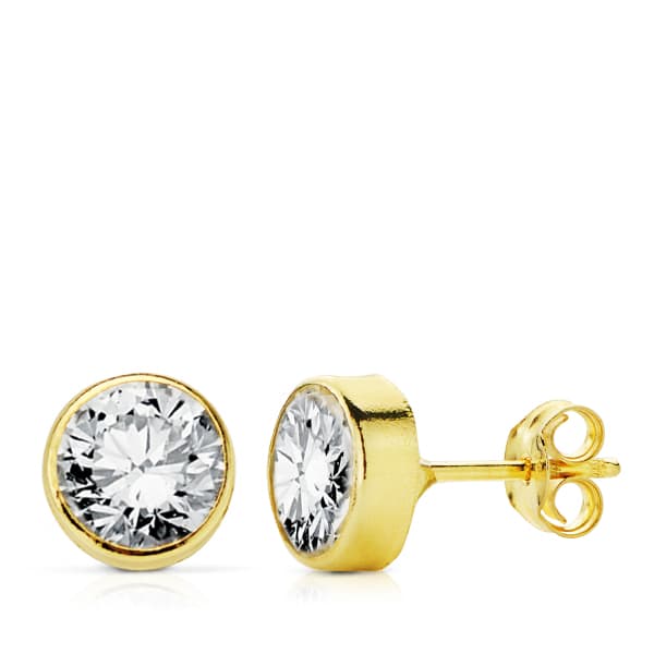 18K PENDIENTES ORO AMARILLO CHATON REDONDO CIRCONITA 7 MM CIERRE PRESION
