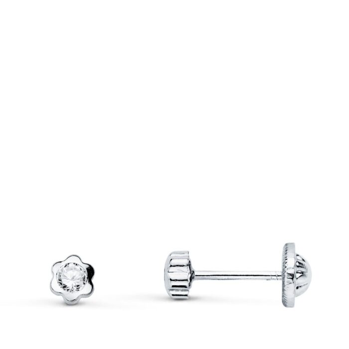 18K PENDIENTES ORO BLANCO FLOR CON CIRCONITA 3.5X3.5 MM CIERRE TUERCA