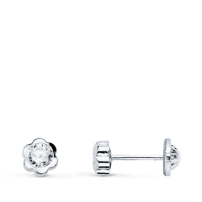 18K PENDIENTES ORO BLANCO FLOR CON CIRCONITA 5X5 MM CIERRE TUERCA