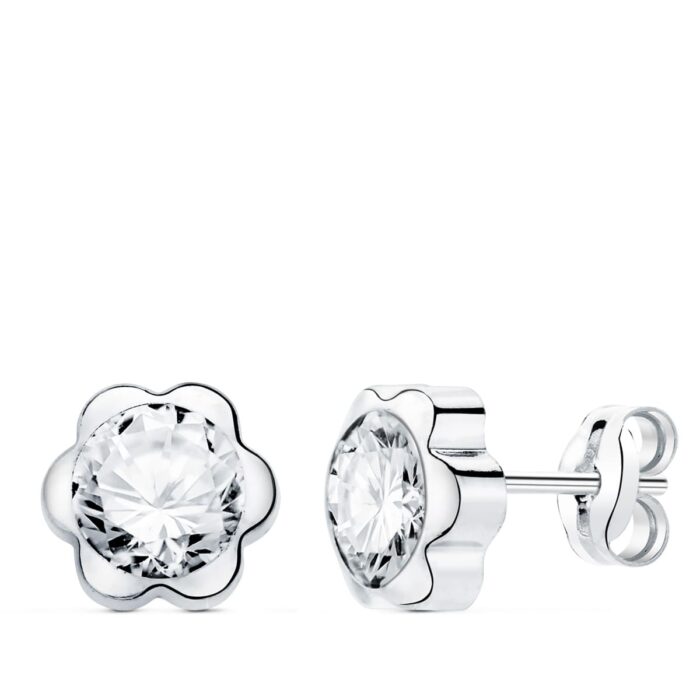 18K PENDIENTES ORO BLANCO FLOR CON CIRCONITA 7X7 MM CIERRE PRESION.