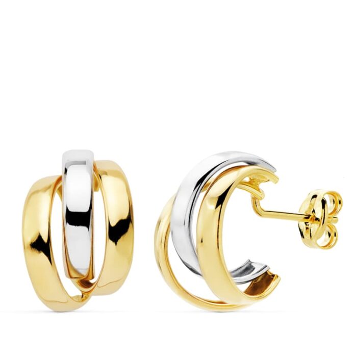 18K PENDIENTES BANDAS ORO BICOLOR 14X9 MM CIERRE PRESION