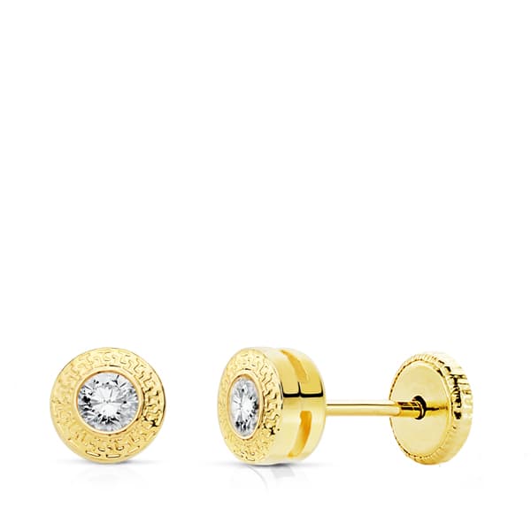 18K PENDIENTES ORO AMARILLO REDONDOS 5 MM  CON GRECA   Y  CIRCONITA  CIERRE TUERCA