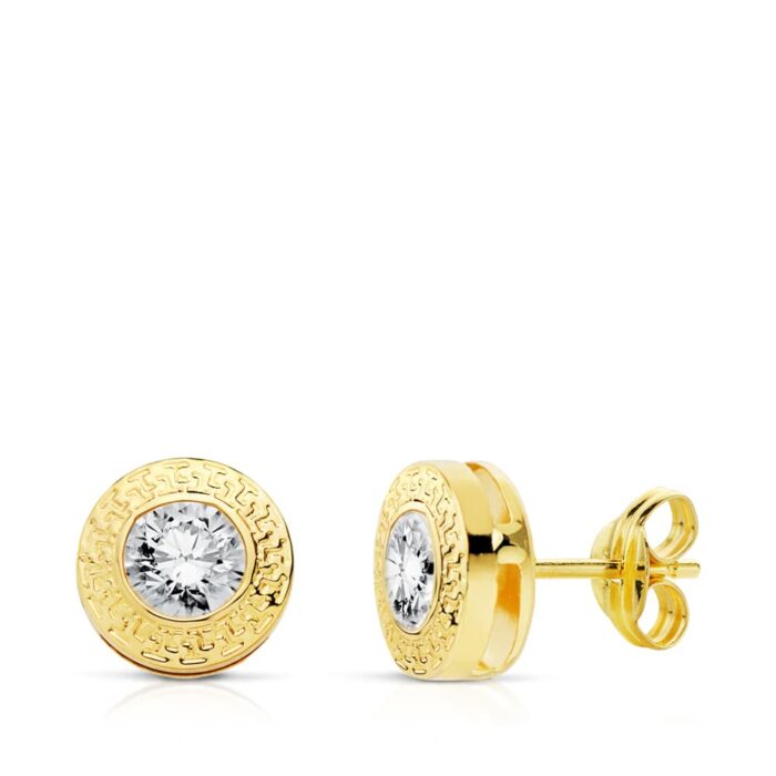 18K PENDIENTES ORO AMARILLO REDONDOS  7 MM  CON GRECA   Y  CIRCONITA   CIERRE PRESION