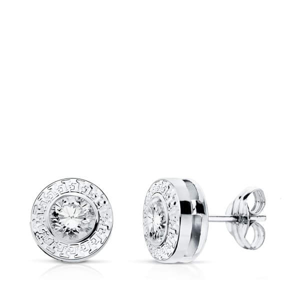 18K PENDIENTES ORO BLANCO  REDONDOS  7 MM  CON GRECA   Y  CIRCONITA   CIERRE PRESION