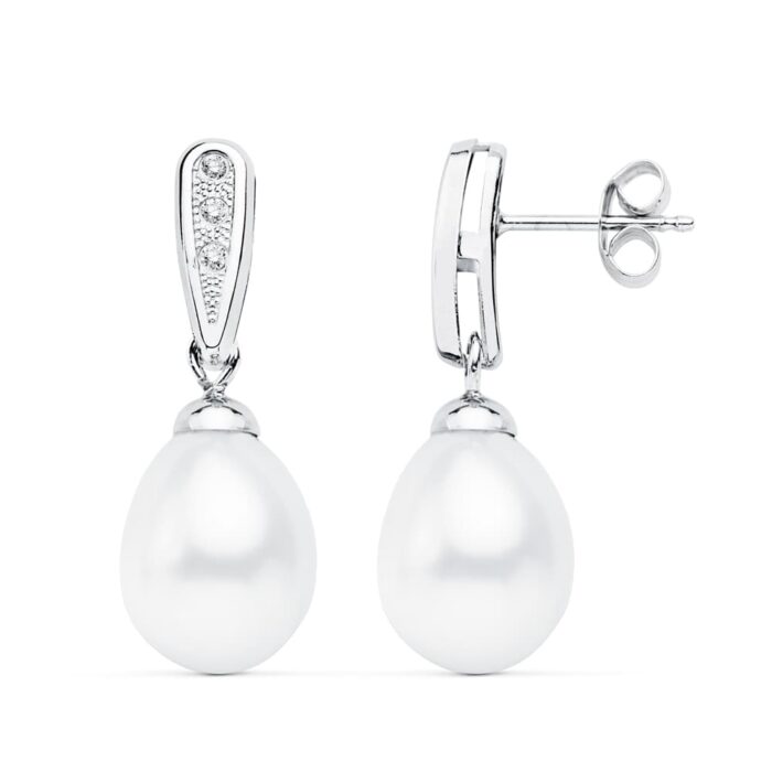 18K PENDIENTES ORO BLANCO DE NOVIA CON PERLA 24X9 MM CIERRE PRESION