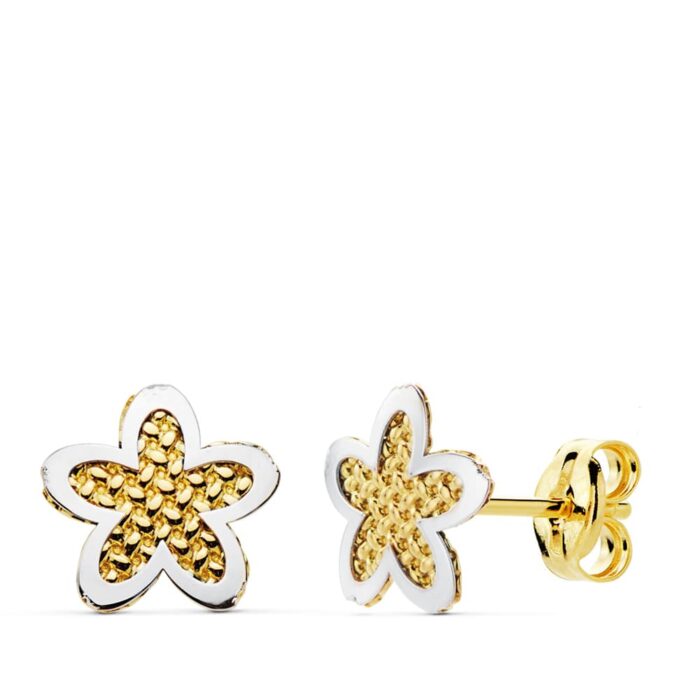 18K PENDIENTES ORO BICOLOR FLOR 7.5X7.5 MM CIERRE PRESION