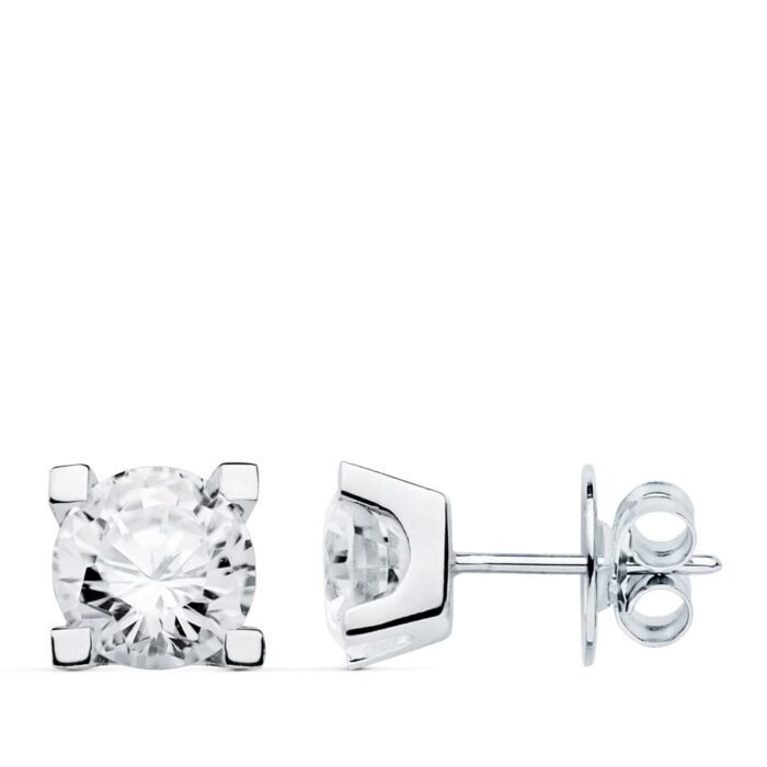 18K PENDIENTES ORO BLANCO 4 GARRAS CIRCONITA 7X7 CIERRE PRESION