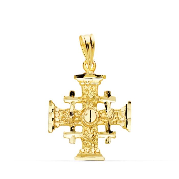 Cruz de Jerusalén de oro amarillo de 18 quilates en tamaño pequeño (21x17 mm), colgante religioso con cinco cruces en relieve.