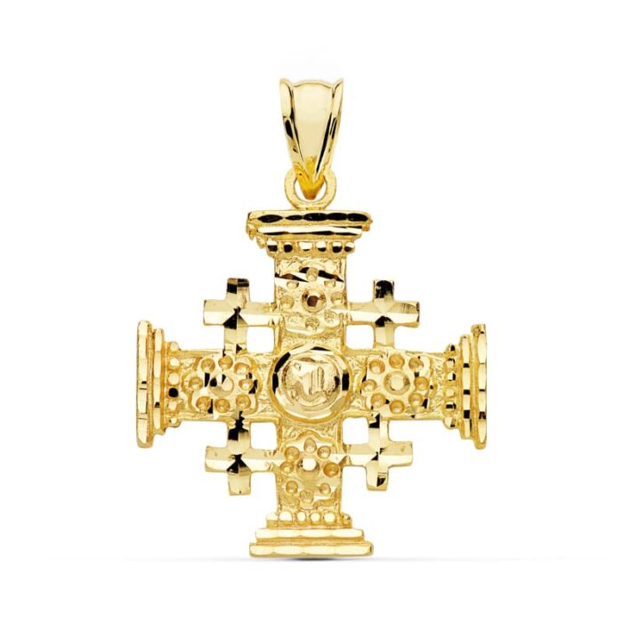 Colgante de la Cruz de Jerusalén en oro amarillo de 18 quilates, diseño de cruz de las cruzadas con cuatro crucetas menores, tamaño 27x23 mm.