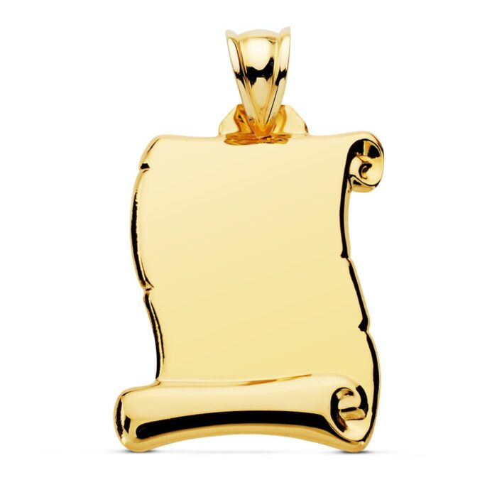9K PLACA CHAPA COLGANTE PERGAMINO ORO AMARILLO LISO 30X25 MM