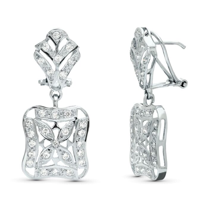 18K PENDIENTES ORO BLANCO JUEGO NOVIA DOBLE CUERPO 33X14 MM CIERRE OMEGA