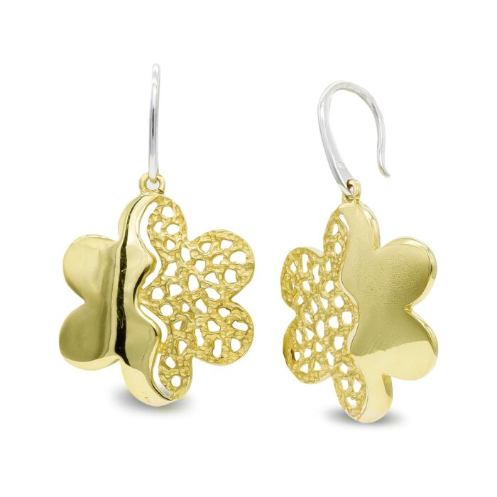 18K PENDIENTES ORO BICOLOR LARGOS FLOR CIERRE GANCHO