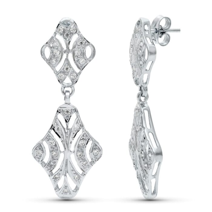 18K PENDIENTES ORO BLANCO DOBLE CUERPO JUEGO NOVIA CIRCONITA 40X15 MM PRESION