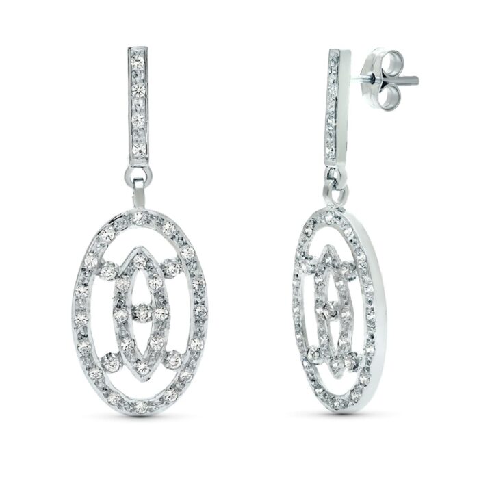 18K PENDIENTES DOS CUERPOS ORO BLANCO JUEGO NOVIA 38X14 MM PRESION