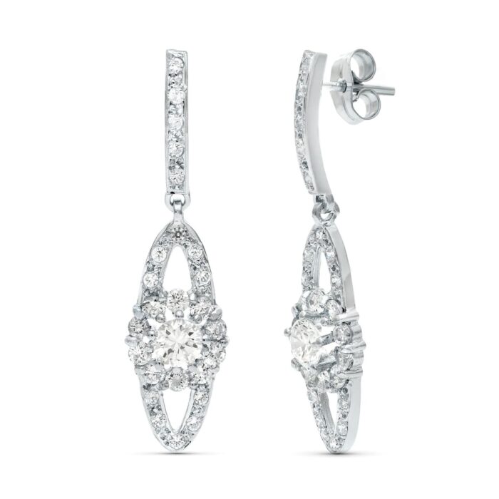 18K PENDIENTES ORO BLANCO JUEGO NOVIA CIRCONITA 35X9 MM PRESION