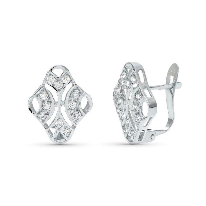 18K PENDIENTES ORO BLANCO JUEGO NOVIA CIRCONITA 15X10 MM CIERRE CATALAN