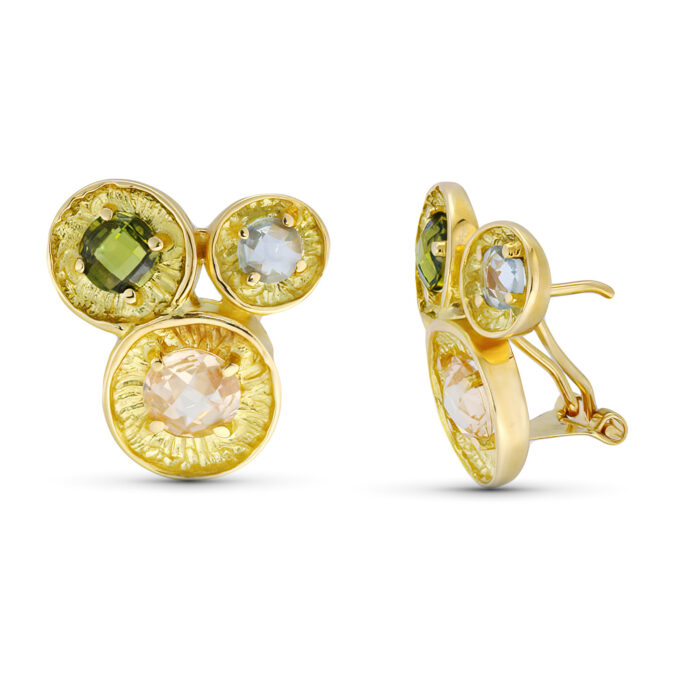 18K PENDIENTES ORO AMARILLO PIEDRA COLOR 19X17 MM CIERRE OMEGA