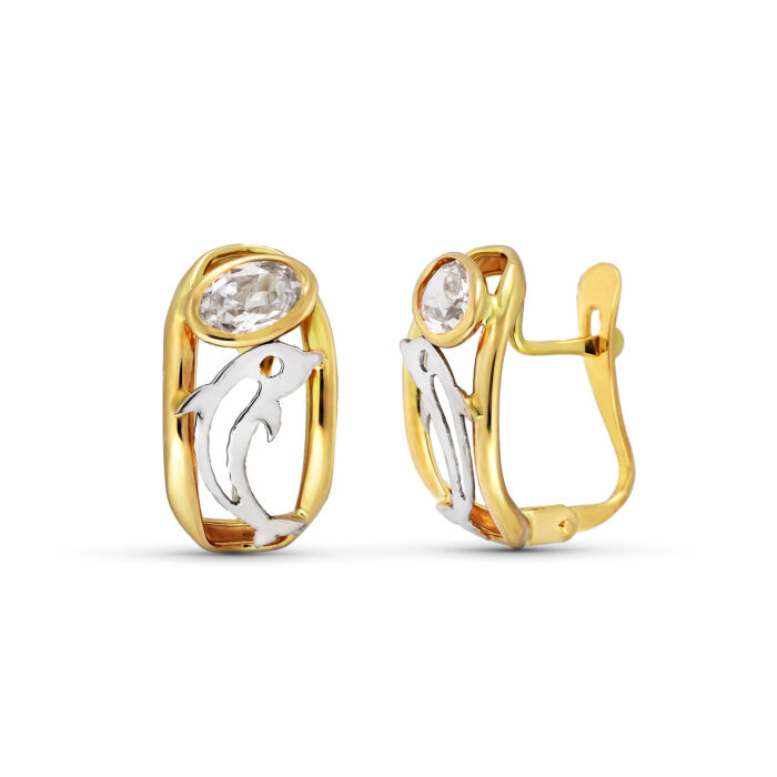 18K PENDIENTES ORO AMARILLO CIRCONITA Y DELFIN 15X8 MM CIERRE CATALAN