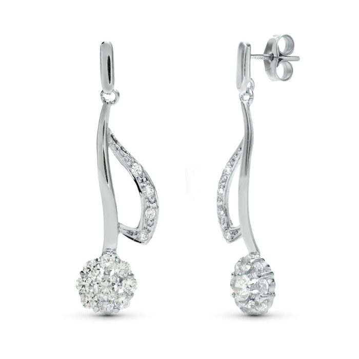 18K PENDIENTES ORO BLANCO JUEGO NOVIA LARGOS CUAJO 35X11 MM CIERRE PRESION