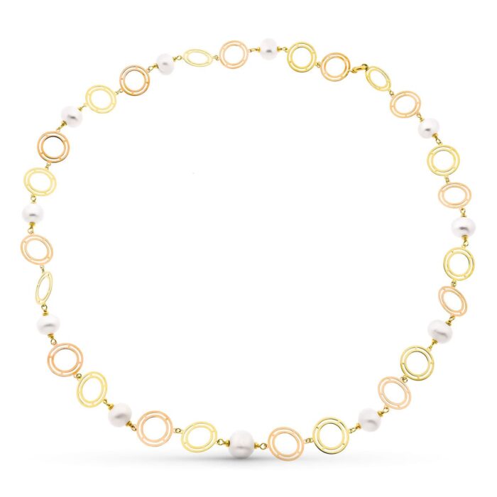 18K GARGANTILLA ORO BICOLOR AMARILLO Y ROSA PERLA CULTIVADAS 14 MM LARGO 85 CM