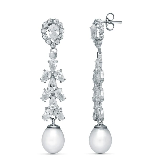 18K PENDIENTES NOVIA DOS CUERPOS PERLA CULTIVADA ORO BLANCO 47X8 MM PRESION