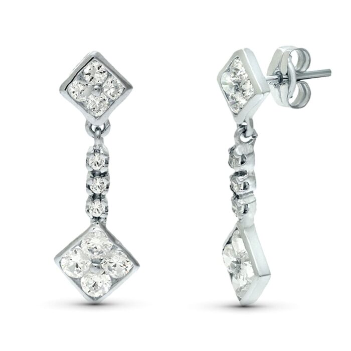 18K PENDIENTES ORO BLANCO DOBLE CUERPO JUEGO NOVIA CIRCONITA 23X8 MM PRESION