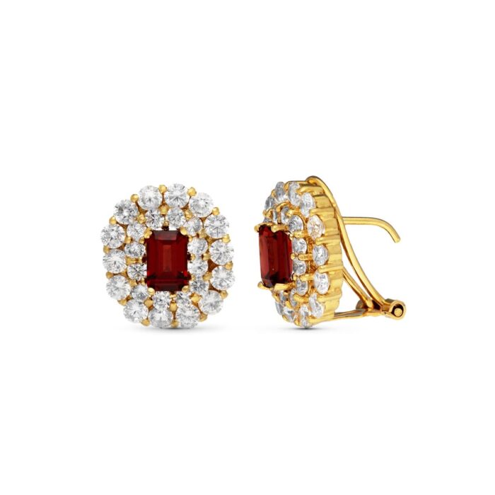 18K PENDIENTES ORO AMARILLO PIEDRA GRANATE 6X4 MM OMEGA