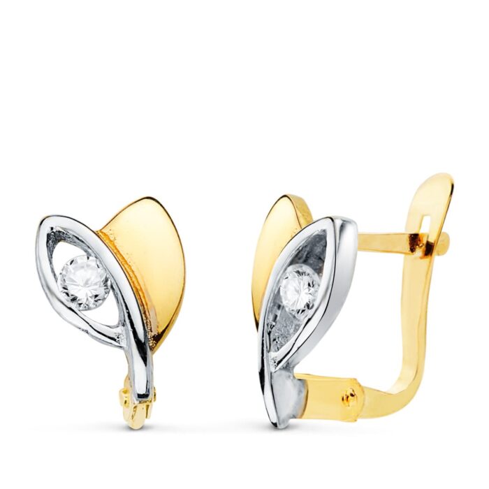 18K PENDIENTES ORO BICOLOR CON CIRCONITA 9X6 MM CIERRE CATALAN