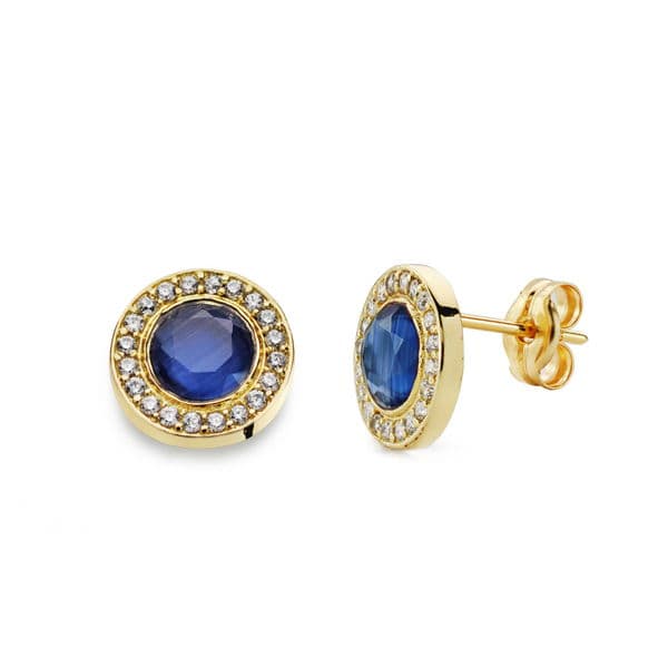 18K PENDIENTES ORO AMARILLO PIEDRA AZUL. 5MM CIRCONITA CIERRE PRESION