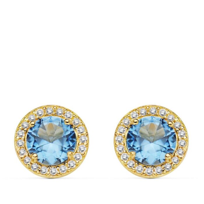 18K PENDIENTES ORO AMARILLO PIEDRA  AZUL CLARO 9 MM CIRCONITA CIERRE PRESION
