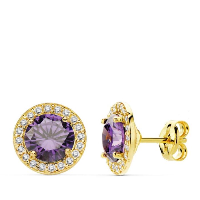 18K PENDIENTES ORO AMARILLO PIEDRA AMATISTA CIRCON. 9 MM CIERRE PRESION