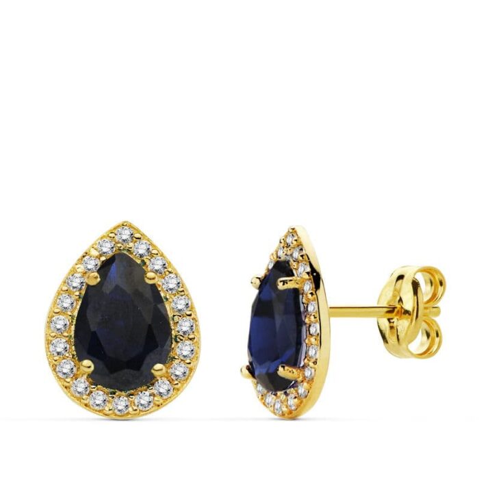 18K PENDIENTES ORO AMARILLO PIEDRA AZUL CIRCNONITAS 10X8 MM CIERRE PRESION